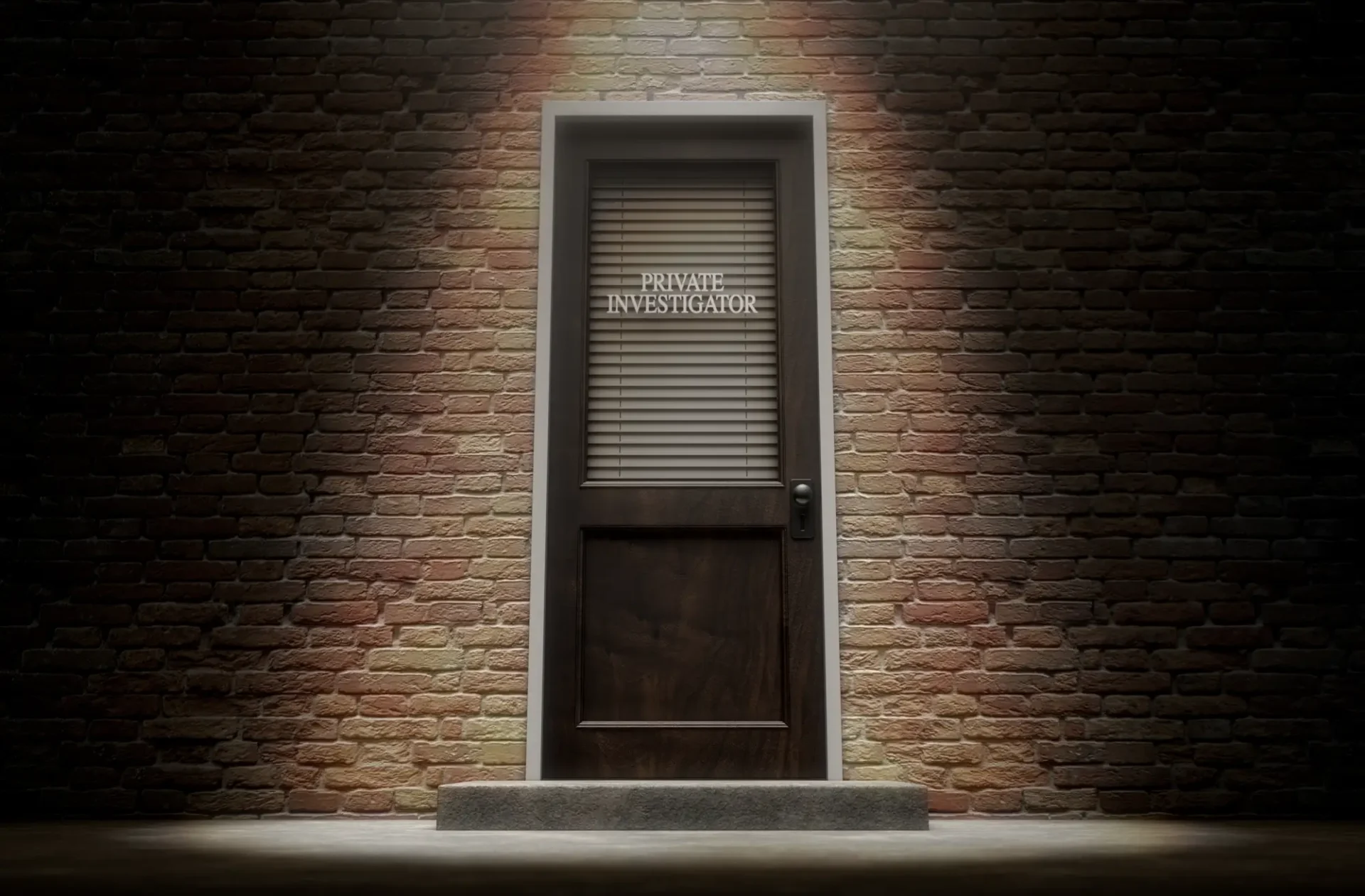 private investigator door with brick walls